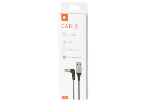 Cable 2E USB 2.0 USB MicroUSB Flat Fabric Right Angle 1m Grey