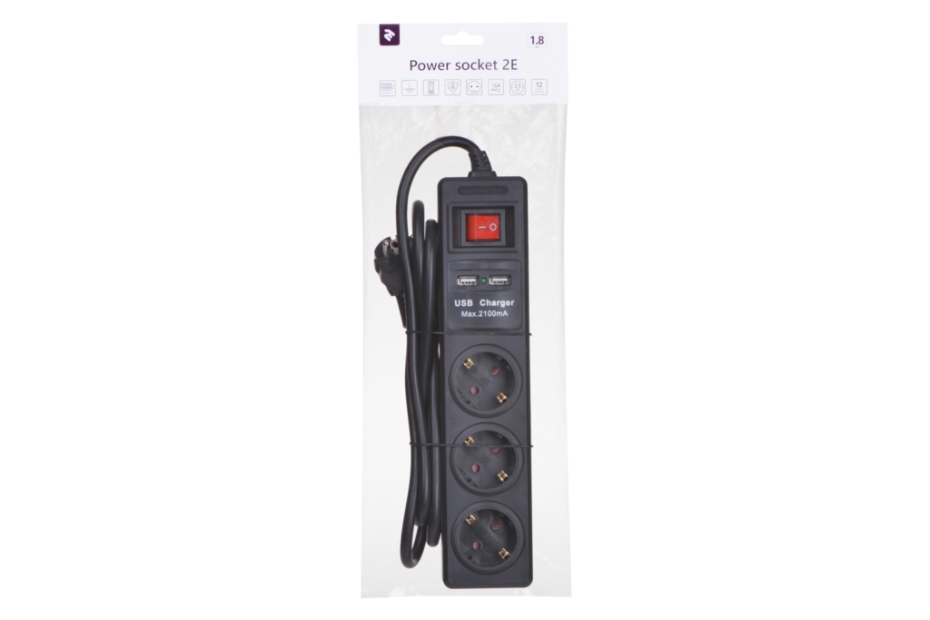 Мережевий фільтр 2Е на 3 розетки з вимикачем, 2хUSB, 3G1.5, 1.8м, чорний