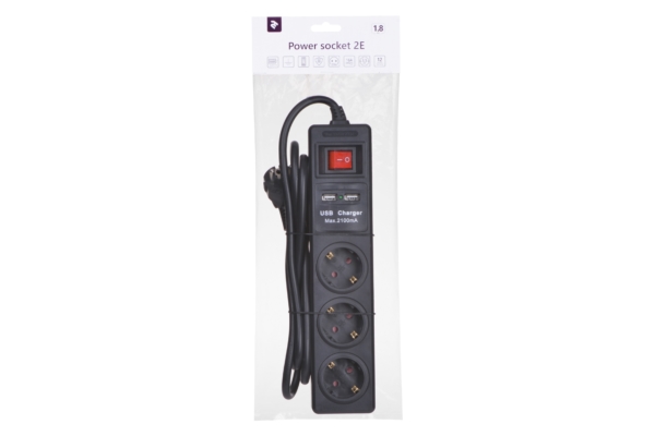 Мережевий фільтр 2Е на 3 розетки з вимикачем, 2хUSB, 3G1.5, 1.8м, чорний
