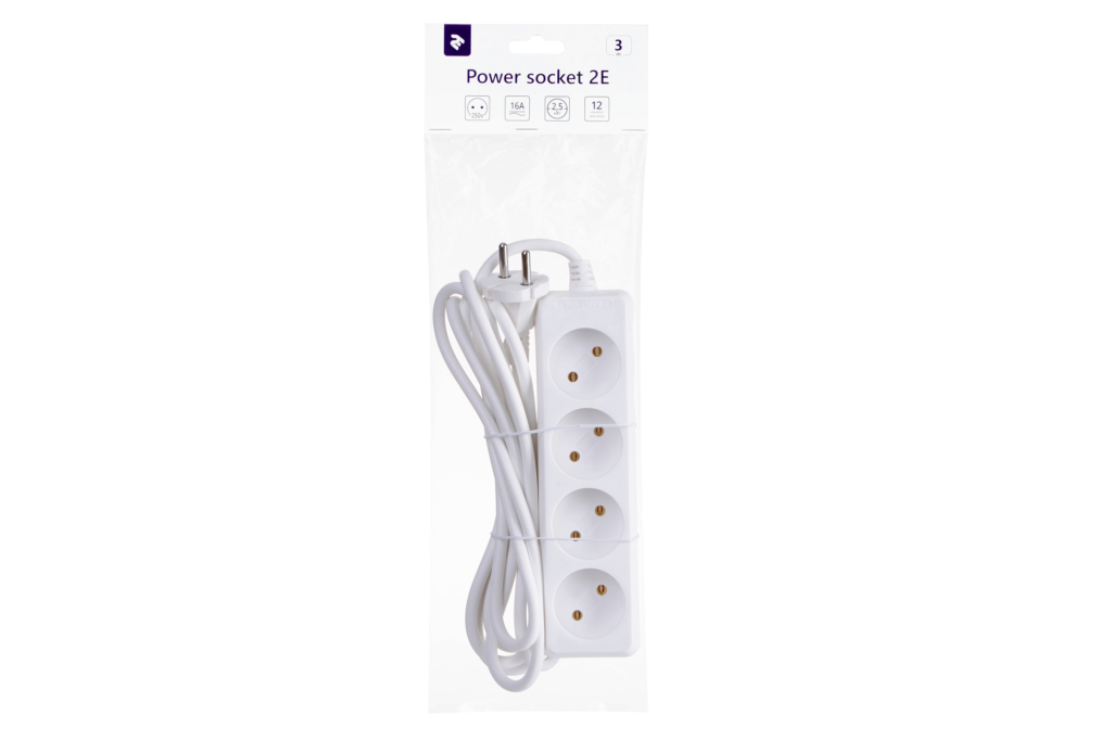 Extension cord 2E with 4 sockets, 3m, white