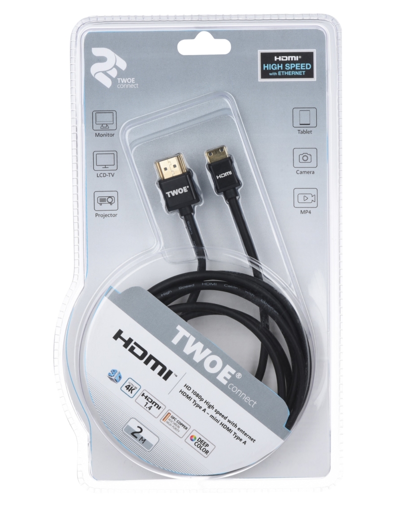 Cable 2Е Ultra Slim HDMI 1.4 (AM/miniAM) High Speed, Alumium Black 2m