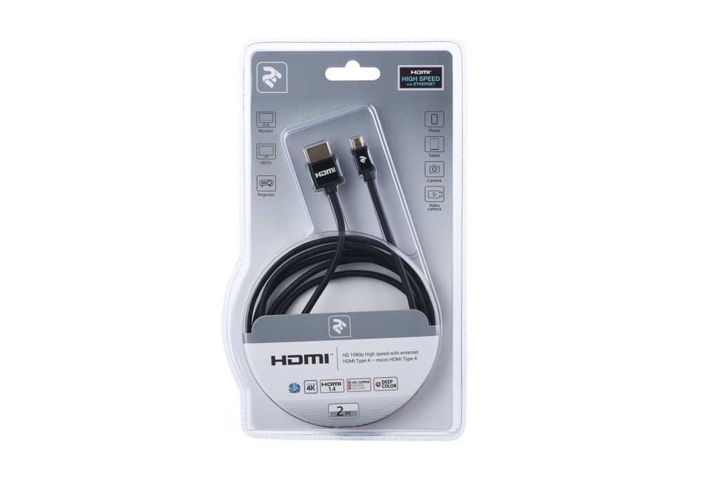 Кабель 2Е Ultra Slim HDMI 1.4 (AM/microAM) High Speed, Alumium Black 2m