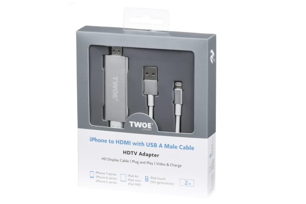 Adapter 2E Lightning to HDMI with USB A Male Cable, Aluminum Shell, 2 m