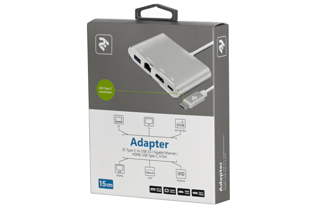 Adapter 2E Type C to USB 3.0 Female+Gigabit+HDMI Female+USB Type C Female, 0.15m