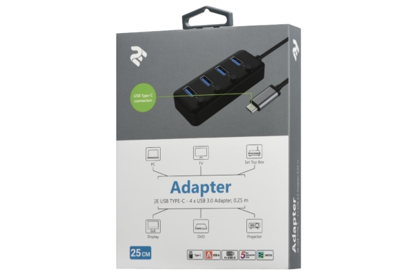 2E Хаб USB-C > 4xUSB-A, 0.25м, чорний