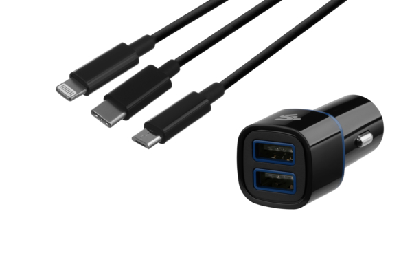 2E Набір Автомобільний ЗП 2хUSB 2.4A + кабель 3в1 Lightning/microUSB/Type-C) Black