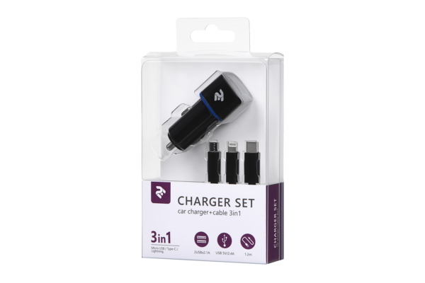 2E Набір Автомобільний ЗП 2хUSB 2.4A + кабель 3в1 Lightning/microUSB/Type-C) Black