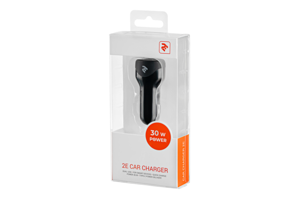 2E Dual USB Car Charger, Power Delivery, USB 2.4A, 30W, Black