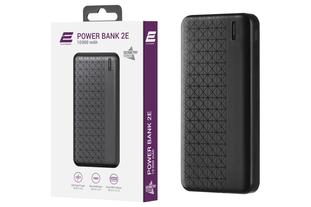 2E Портативний зарядний пристрій Geometry 10000mAh, Type-C, USB-А, black