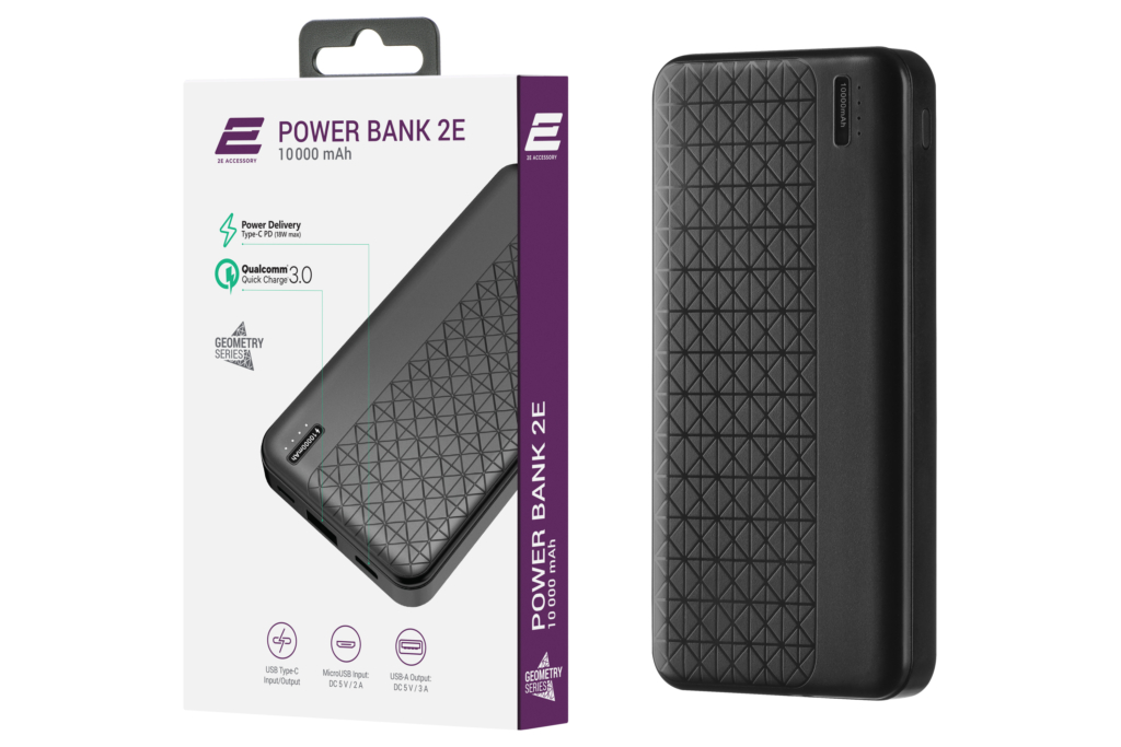 2E Портативний зарядний пристрій Geometry 10000mAh, PD+QC 3.0 18W, black