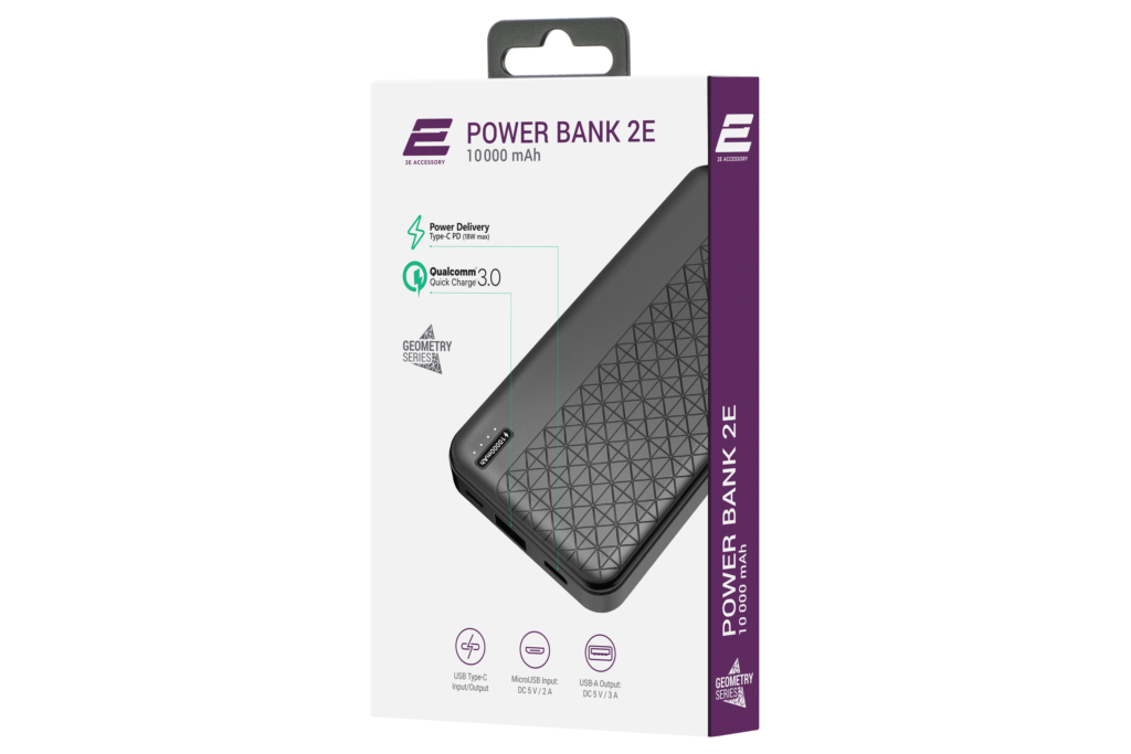 2E Портативний зарядний пристрій Geometry 10000mAh, PD+QC 3.0 18W, black