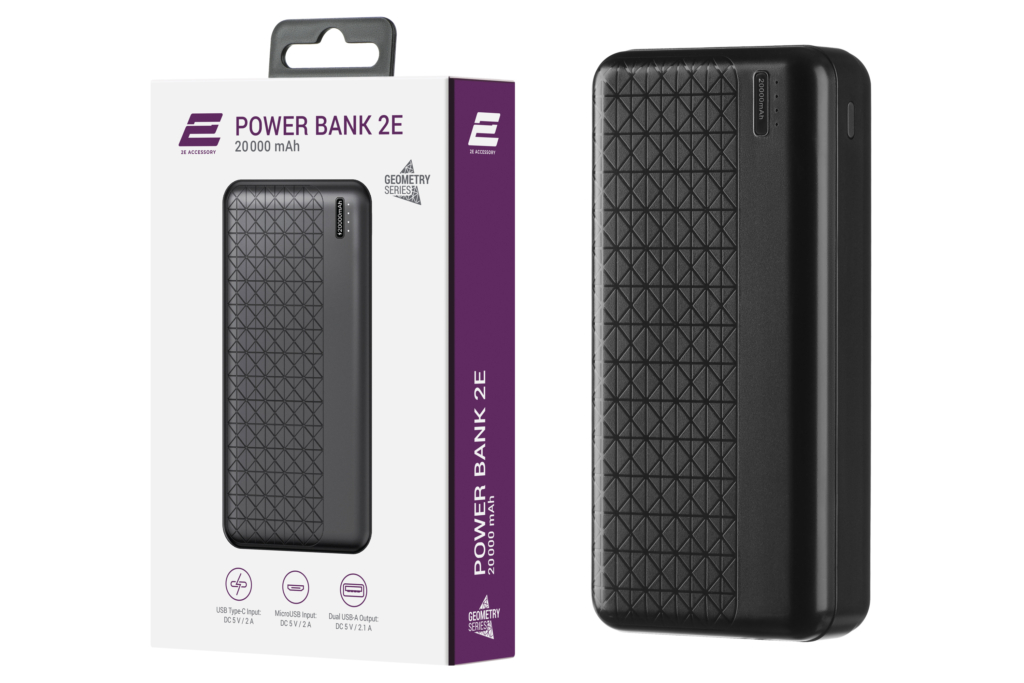 2E Портативний зарядний пристрій Geometry 20000mAh, Type-C, USB-А, black