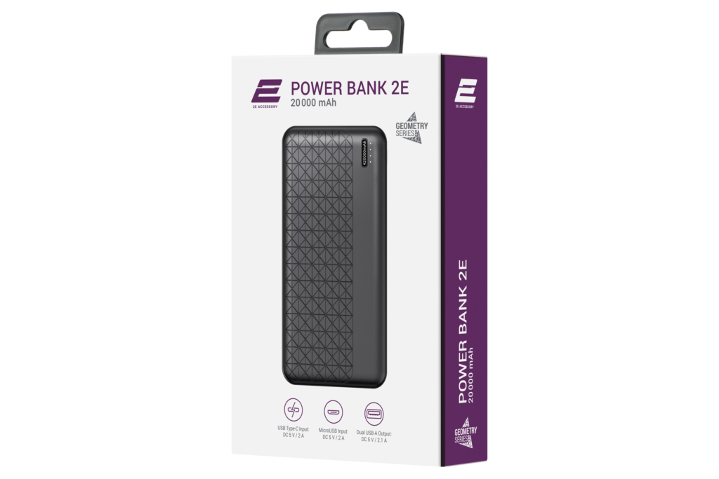 2E Портативний зарядний пристрій Geometry 20000mAh, Type-C, USB-А, black