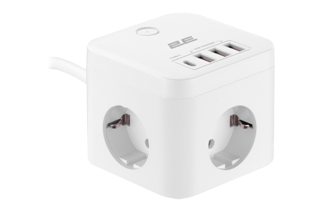 2E Adapter 4XSchuko with switch, 3*USB-A, 1*USB-C, 1.5m, white