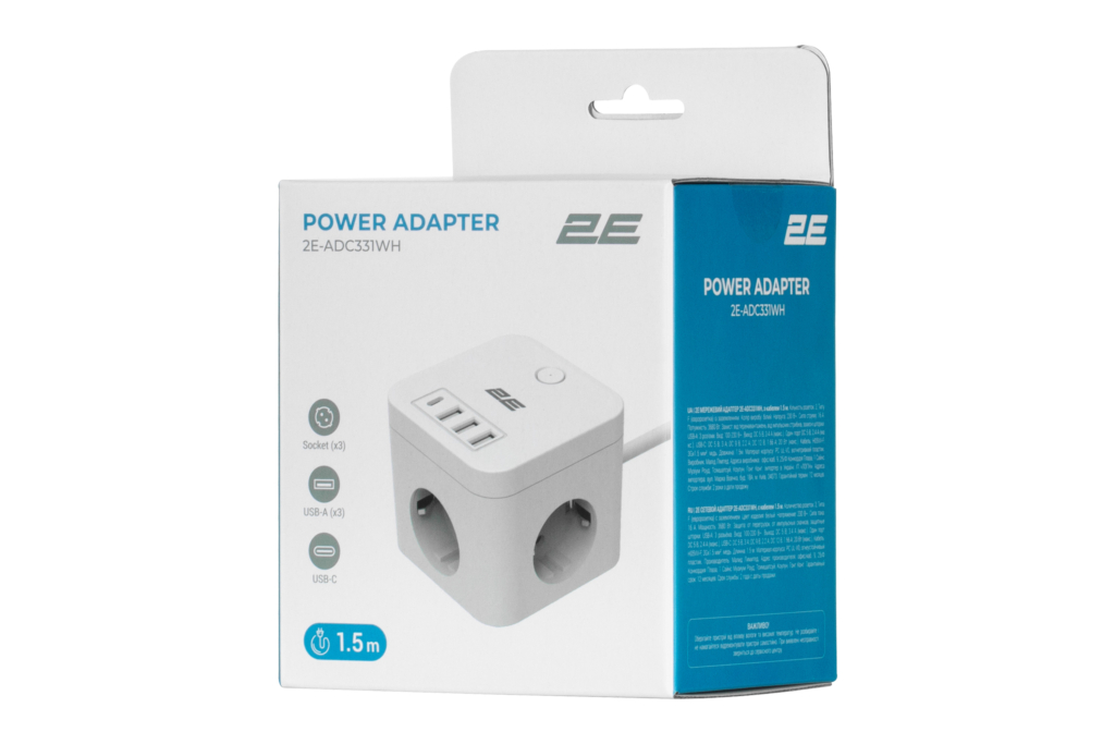 2E Adapter 4XSchuko with switch, 3*USB-A, 1*USB-C, 1.5m, white
