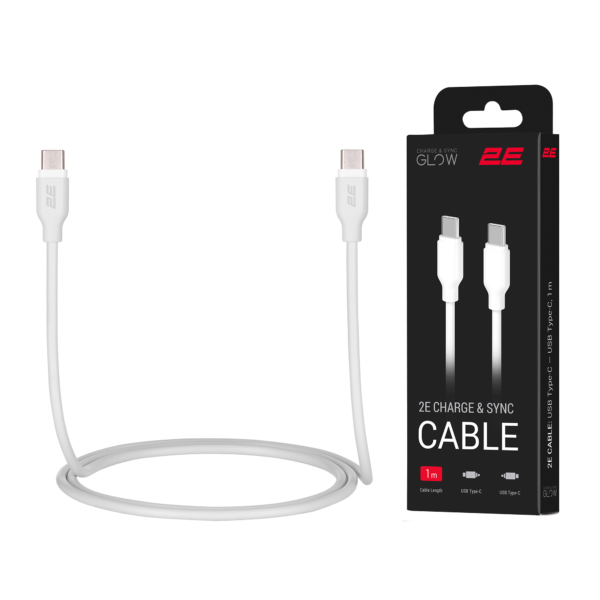 Кабель 2E USB-C – USB-C, Glow, 60W, 1m, white