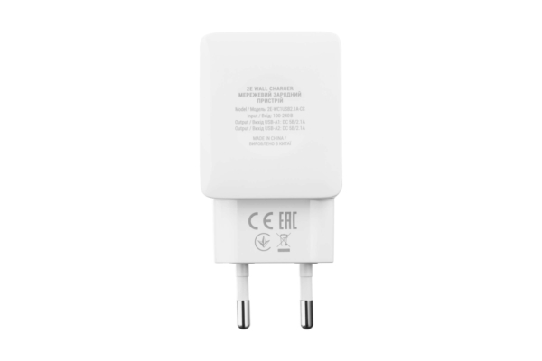 Wall Charger Dual USB-A 2.1A + cable USB-C, White