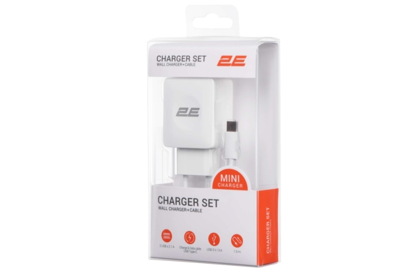 Wall Charger Dual USB-A 2.1A + cable USB-C, White