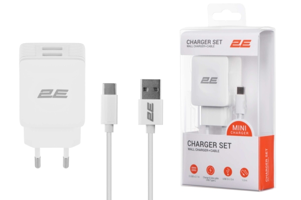 Wall Charger Dual USB-A 2.1A + cable USB-C, White
