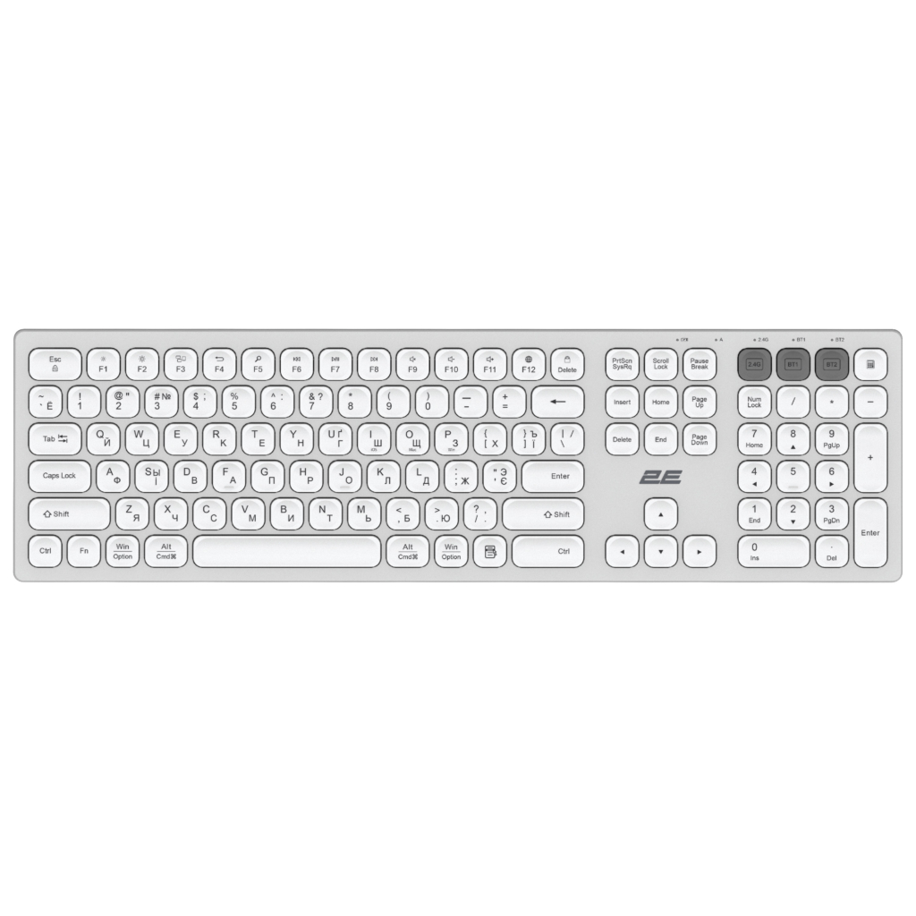 Клавиатура ножничная 2E KS270 105key, WL/BT, EN/UK/RU, серебристо-белый