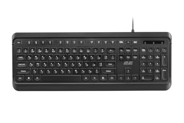 Клавиатура мембранная 2E KS120 104key, USB-A, EN/UK/RU, White LED, чёрный