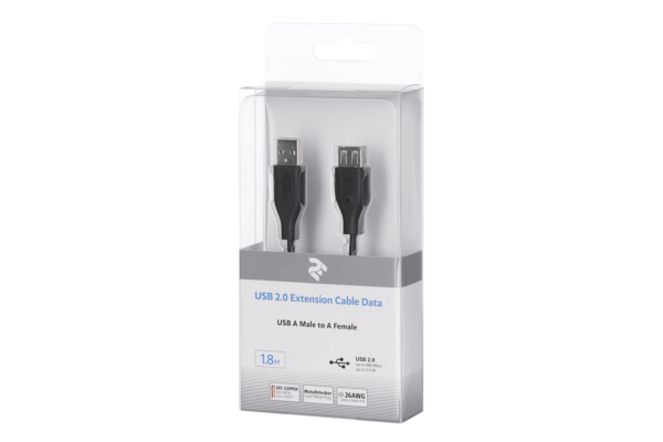 Кабель 2E USB-A — USB-AF (AM/AF) 1.8м Black