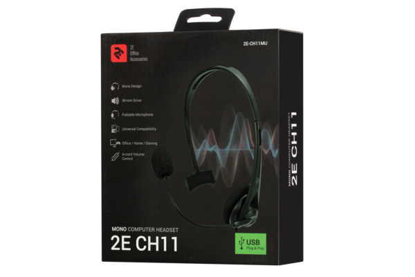 Гарнитура ПК моно On-ear 2E CH11 USB, omni-mic, 2м, черный