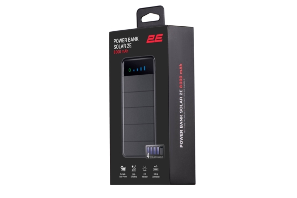 2E Акумулятор портативний літій-іонний Power Bank Solar 8000мА·год, вбудований LED-ліхтар, чорний