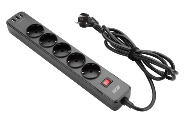 Power strip with surge protector 2E 5xType F, 3×1.5mm2, 16A, 3xUSB-A, 2m, white
