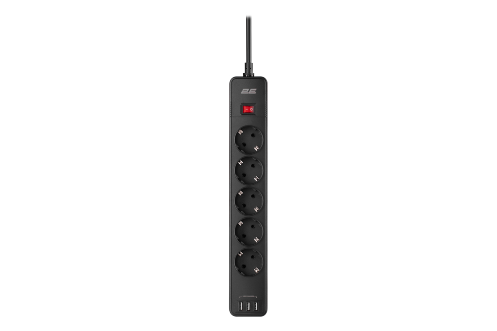 Удлинитель-фильтр сетевой 2E 5xТип F, 3×1.5мм кв, 16A, 3xUSB-A,с защитой от перенапряжения, 2м, чёрный