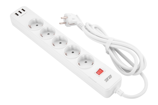 Удлинитель-фильтр сетевой 2E 5xТип F, 3×1.5мм кв, 16A, 3xUSB-A, с защитой от перенапряжения, 2м, белый