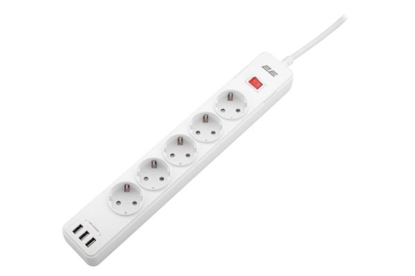 Удлинитель-фильтр сетевой 2E 5xТип F, 3×1.5мм кв, 16A, 3xUSB-A, с защитой от перенапряжения, 2м, белый