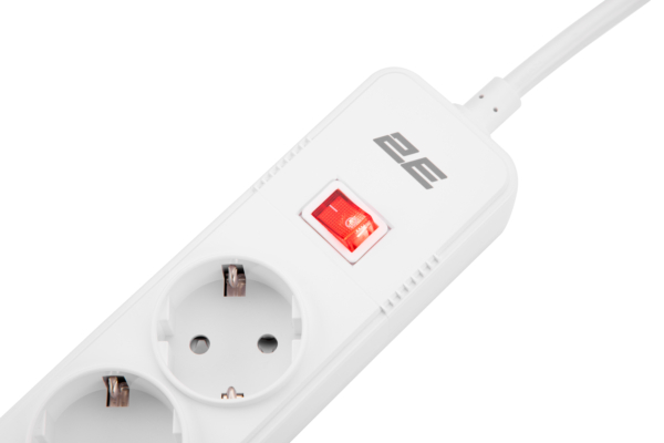Удлинитель-фильтр сетевой 2E 5xТип F, 3×1.5мм кв, 16A, 3xUSB-A, с защитой от перенапряжения, 2м, белый