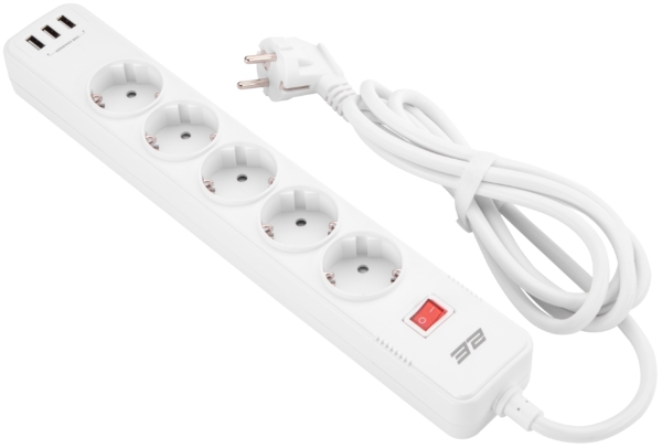 Подовжувач-фільтр мережевий 2E 5xТип F, 3×1.5мм кв, 16A, 3xUSB-A, з захистом від перенапруги, 2м, білий