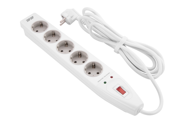 Power strip with surge protector 2E 5xType F, 3×1.5mm2, 16A, 3m, white