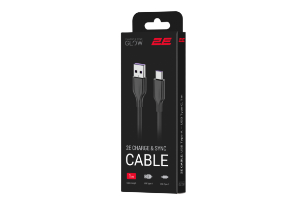 Кабель USB-A > USB-C заряджання/синхронізації 2E 1м, Type-C, Glow, чорний