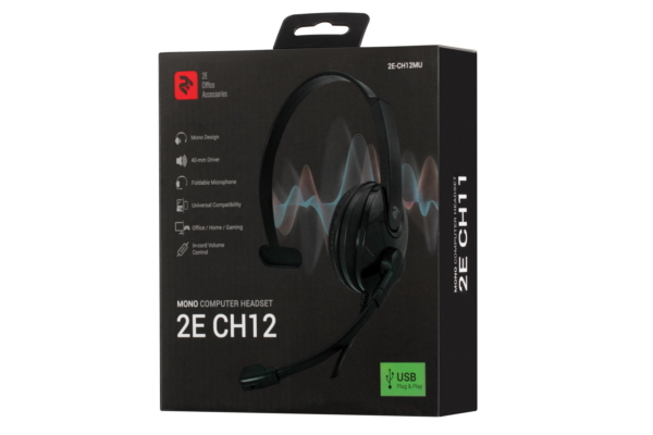 Гарнитура ПК моно On-ear 2E CH12 USB, omni-mic, 2м, черный
