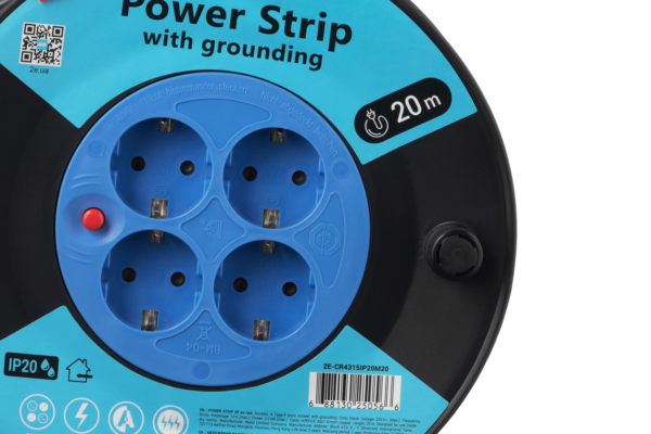 2E Power Strip 4хType F, 3х1.5mm2, 16A, on reel, 20m, black-blue