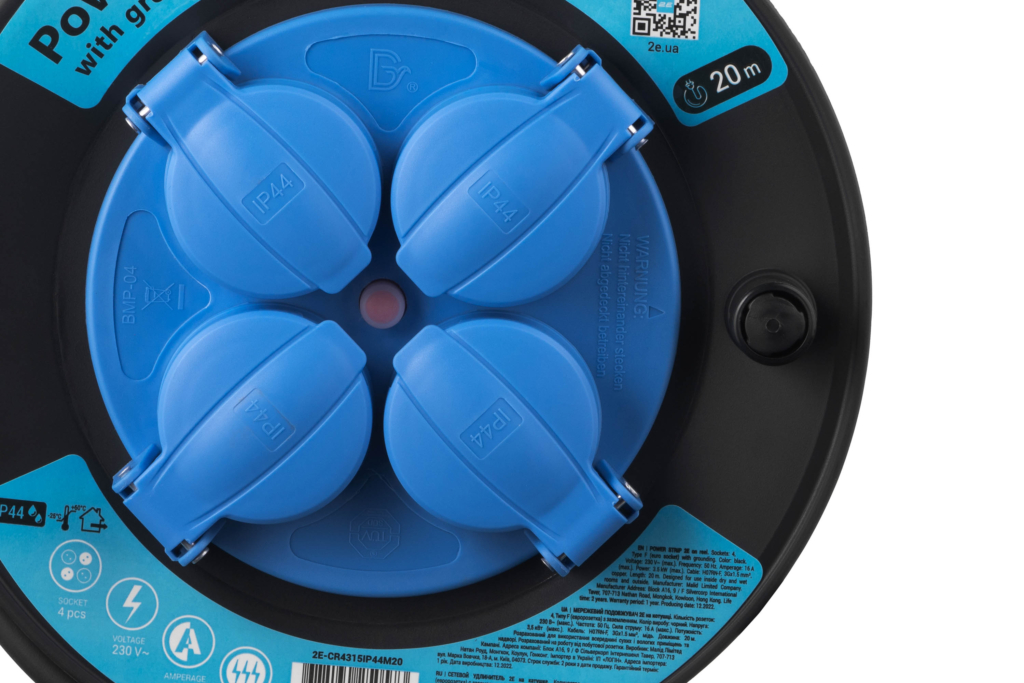 2E Power Strip 4хType F, 3х1.5mm2, 16A, on reel, 20m, black-blue