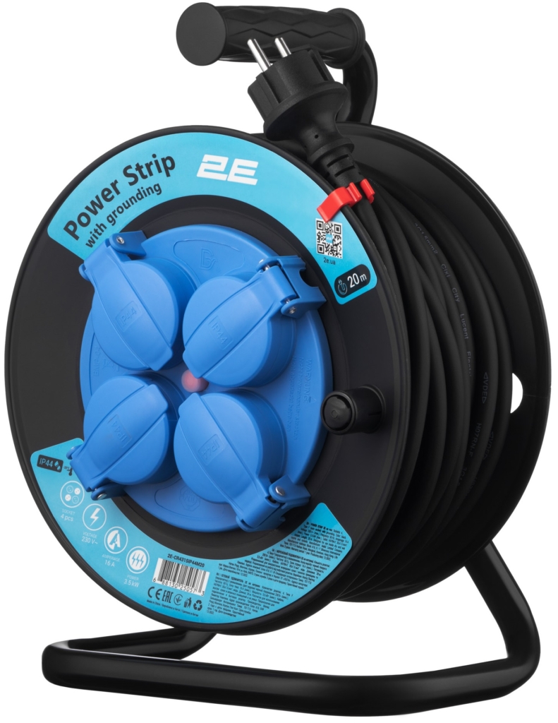 2E Power Strip 4хType F, 3х1.5mm2, 16A, on reel, 20m, black-blue