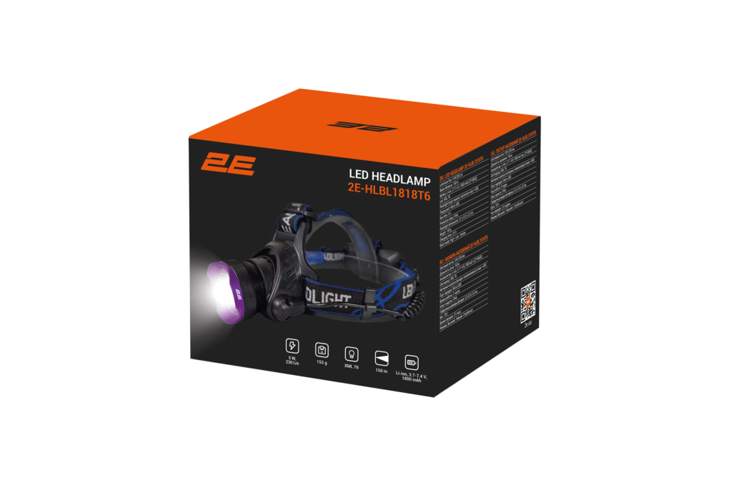 Ліхтар налобний акумуляторний 2E HLBL1818T6 Micro-USB 3600мА·год 230лм 5Вт 3 режими освітлення IP44 0.16кг