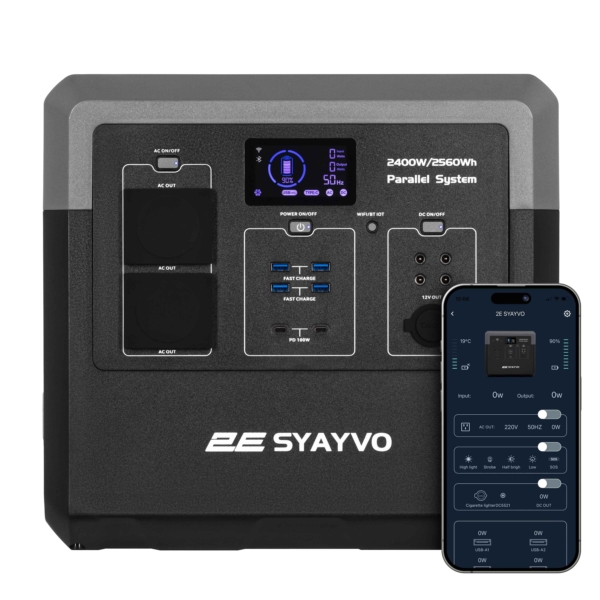 Power Station 2E Syayvo 2400W/2560Wh, WiFi/BT, Parallel System, Fast Charging