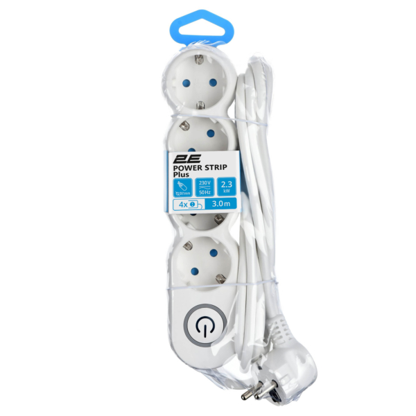 2E Power Strip Plus 4хType F, 3х1mm2, 10A, 3m, white-grey