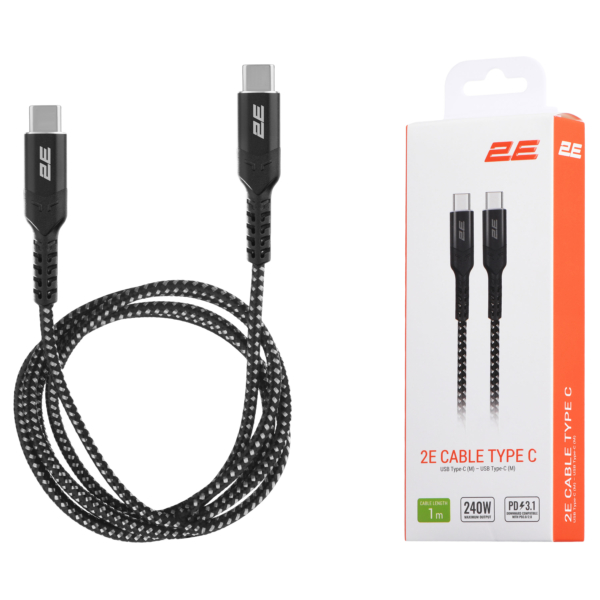 Кабель USB-C > USB-C заряджання/синхронізації 2E 1м, 240Вт Type-C, плетений, чорний