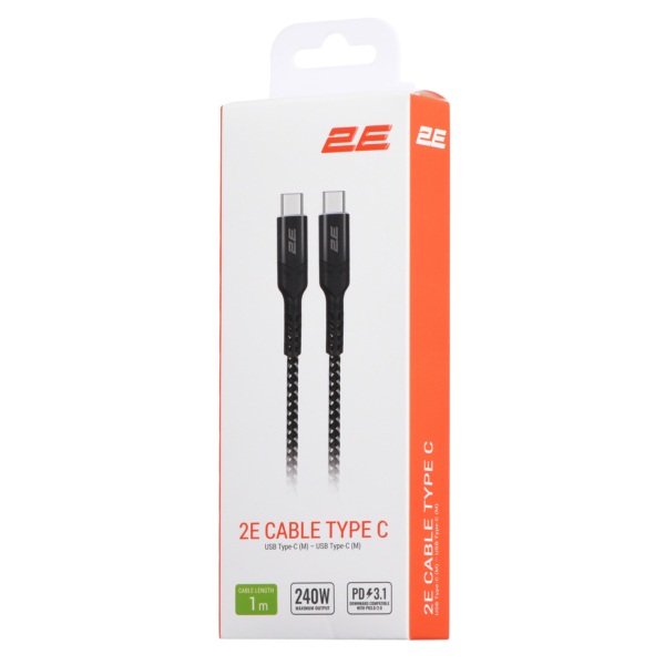 Кабель USB-C > USB-C заряджання/синхронізації 2E 1м, 240Вт Type-C, плетений, чорний