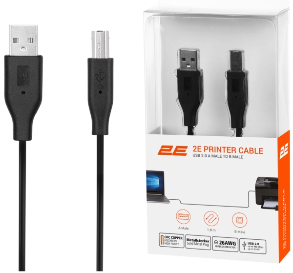 Кабель 2E USB-A (AM/BM) DSTP, 1.8m, black