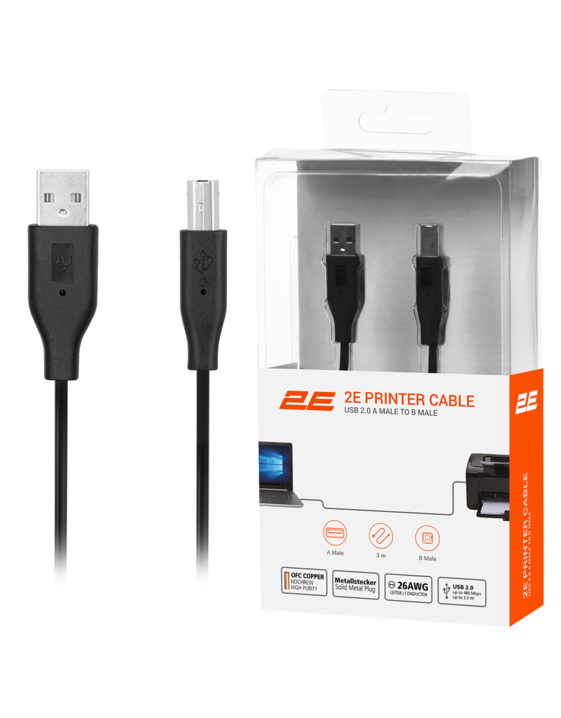 2E Кабель USB-A (AM/BM) DSTP 3м, черный