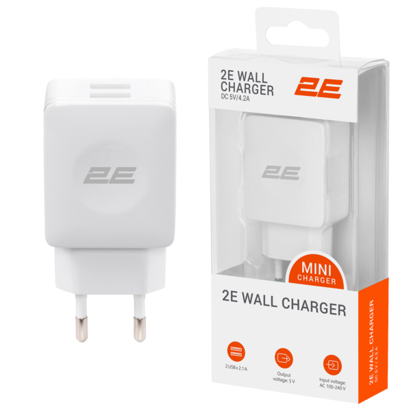 Зарядное устройство сетевое 2E 12Вт 2хUSB-A, белый