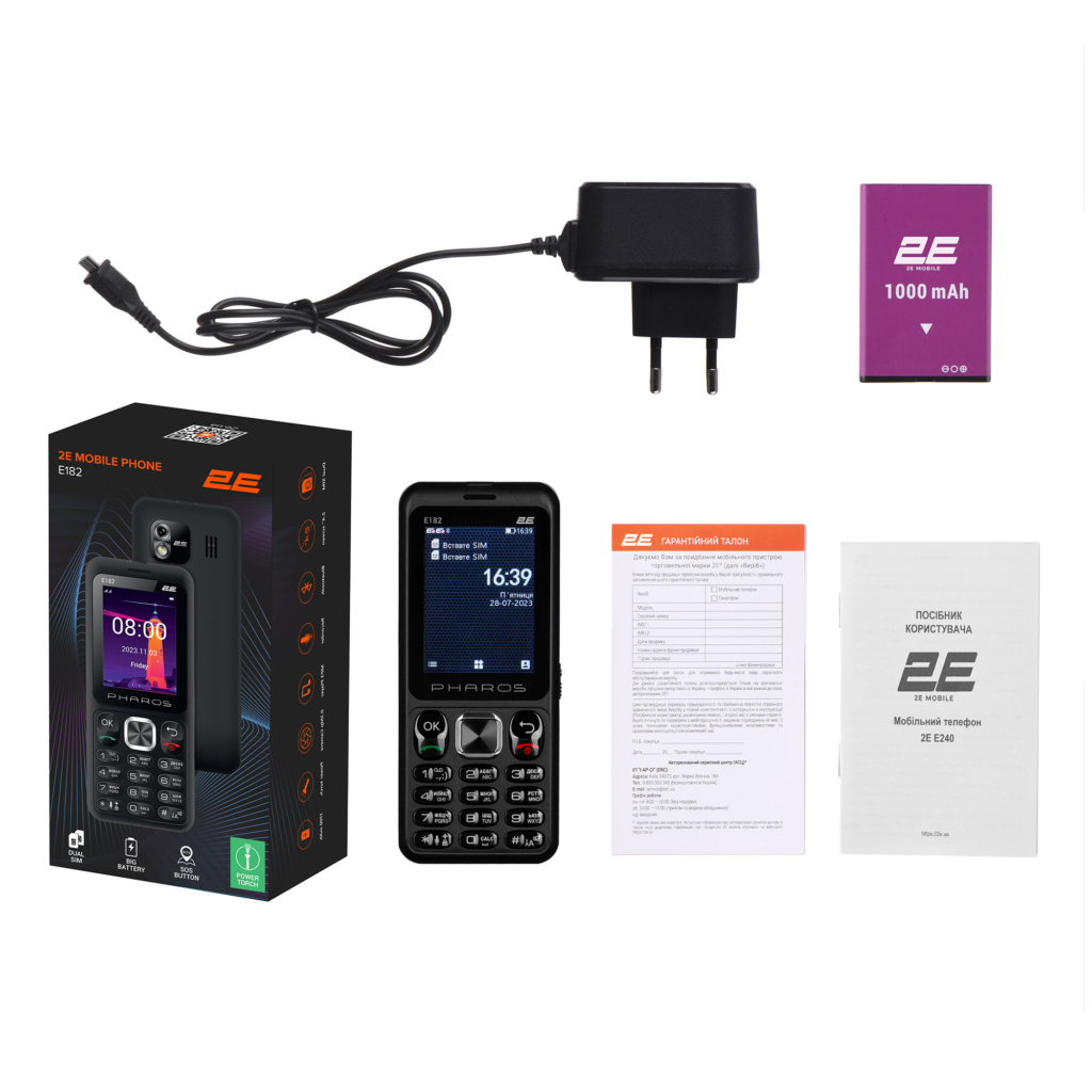 Мобильный телефон 2E E182 2.4″ 2SIM, 1700мА•ч, черный