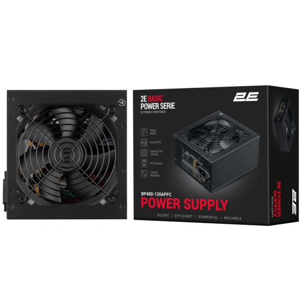 Блок питания 2E Basic Power  (400W), 80%, 120мм, 1xMB 24pin(20+4), 1xCPU 8pin(4+4), 3xMolex, 4xSATA, 1xPCIe 8pin(6+2)